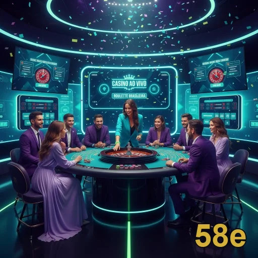 Grupo de jogadores no cassino ao vivo 58e com crupiê.