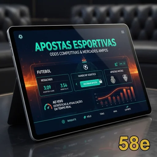 Tela de tablet da 58e mostrando apostas esportivas ao vivo.