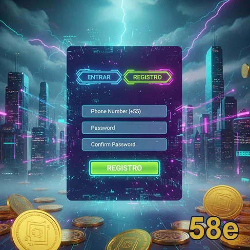 Interface de registro na 58e com elementos digitais e cidade futurista.
