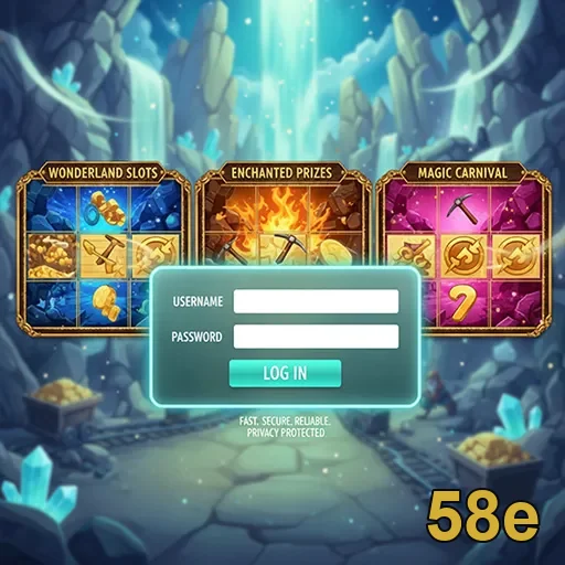 Tela de login da 58e com slots e ícones atraentes.
