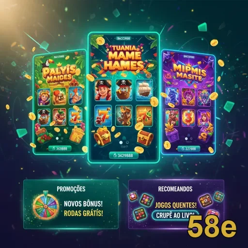 Tela do aplicativo 58e com slots e promoções visíveis.