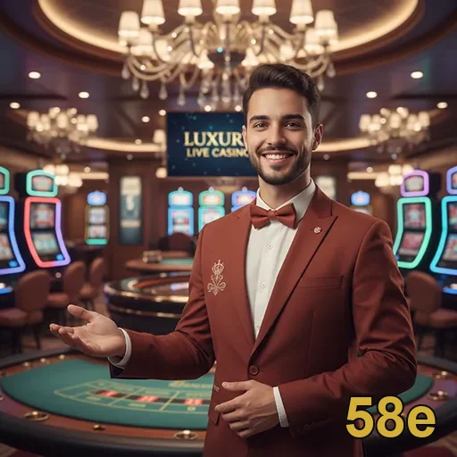 Croupier sorridente no cassino da 58e, com jogos de slots ao fundo.