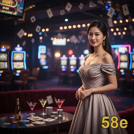 Jogadora elegante em cassino 58e, cercada por slots e bebidas.