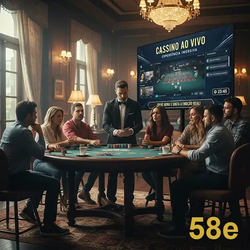 Jogadores em mesa de cassino ao vivo no 58e com dealer.