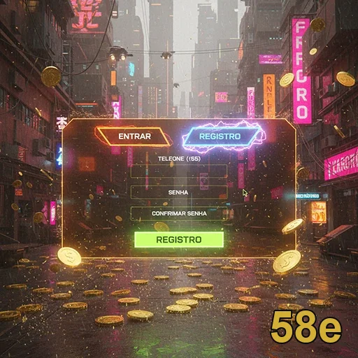 Tela de registro do site 58e com moedas ao fundo.
