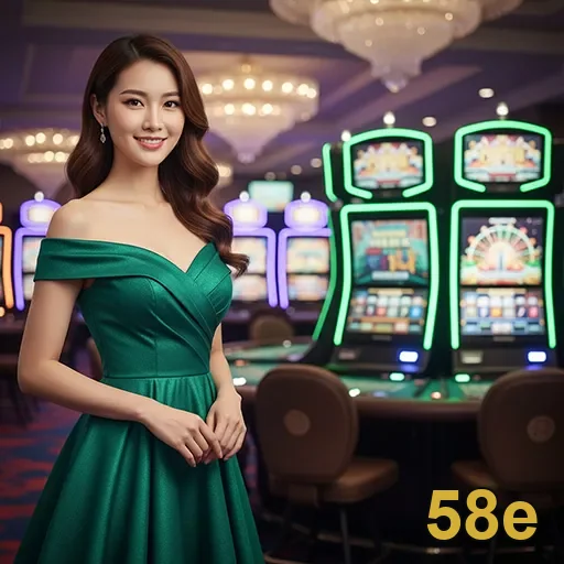 Jogadora elegante em um cassino da 58e, com máquinas ao fundo.
