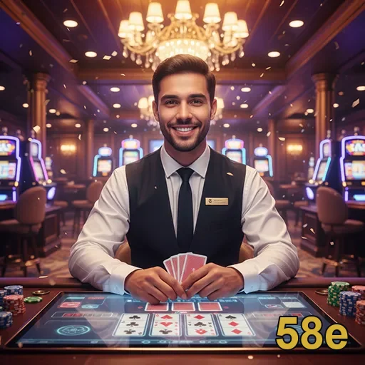 Homem sorridente em cassino com jogos e fichas da 58e.