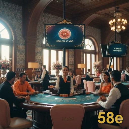 Cenário da sala de jogos do 58e com dealers ao vivo.