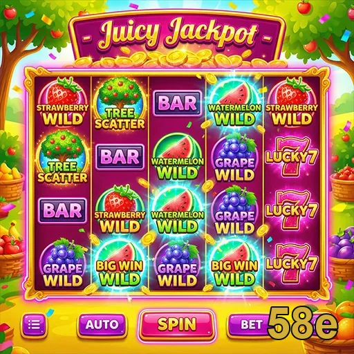 Tela do jogo de slot 'Juicy Jackpot' na plataforma 58e.