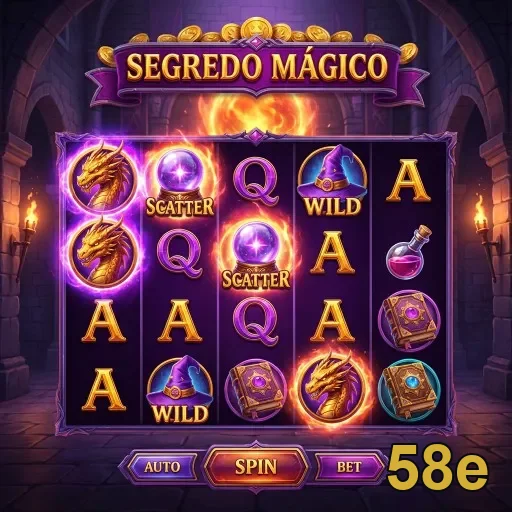 Tela do jogo 'Segredo Mágico' no site 58e, mostrando símbolos.