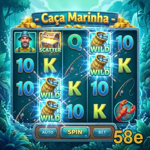 Tela do caça-níqueis 'Caça Marinha' da 58e com símbolos.