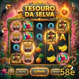 Interface do slot 'Tesouro da Selva' na 58e com símbolos vibrantes.