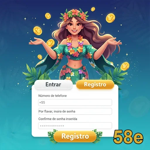 Tela de registro do 58e com personagem e moedas virtuais.