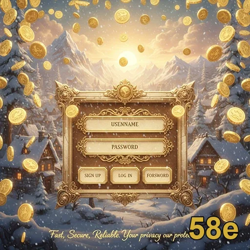 Tela de login do aplicativo 58e com moedas caindo ao fundo.