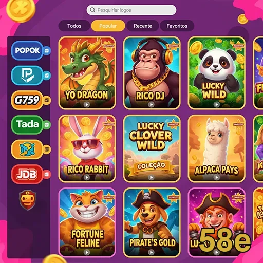 Tela do aplicativo 58e com jogos populares disponíveis.